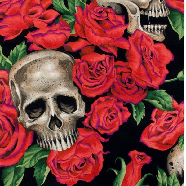 Resting in Roses in Black Skeletons Skulls Alexander Henry De Leon Design Group By the Yard