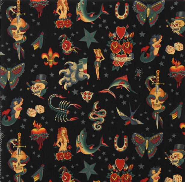 Tattoo in Black, 100% Cotton Fabric by Alexander Henry Fabric - see f…