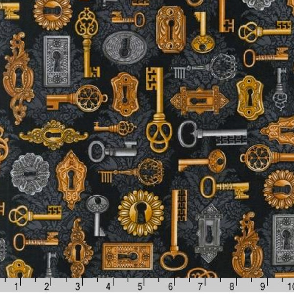 Keys and Locks Black  - TIME MACHINE - by the Yard 100 Percent Cotton Rober Kaufman OOP Steampunk