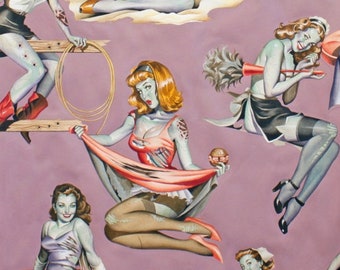 Beauties and Brains in Pink Background Alexander Henry 100% Cotton Halloween Zombies Females Pin Ups