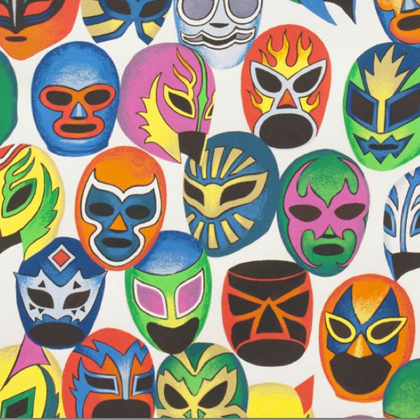 Máscaras de Peleá in Natural, 100% cotton  by Alexander Henry Fabric Wrestlers Masks Lucha Libre Masks