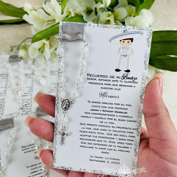 Charro Baptism Favors, Charro Rosary Card, Religious Favors, Charro Favors, White Silver Charro. SC2018