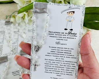 Silver Charro Baptism Favors: Rosary Card, White & Silver, Personalized (Set of 12)