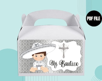 Zilveren Charrito doopsel Gable Box Label, Charrito Instant Download Label, Charrito Printables, Charrito Treat Box Label, PDF-bestand