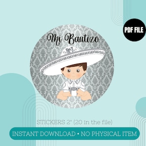 Silver Charrito Baptism Stickers: Printable Charro Labels (PDF file)