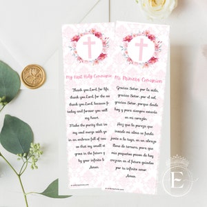 Rosa Blumen Erstkommunion Lesezeichen Gebet, erste Kommunion Bevorzugungen, Mädchen Kommuniongebet, Lesezeichen Gefälligkeiten