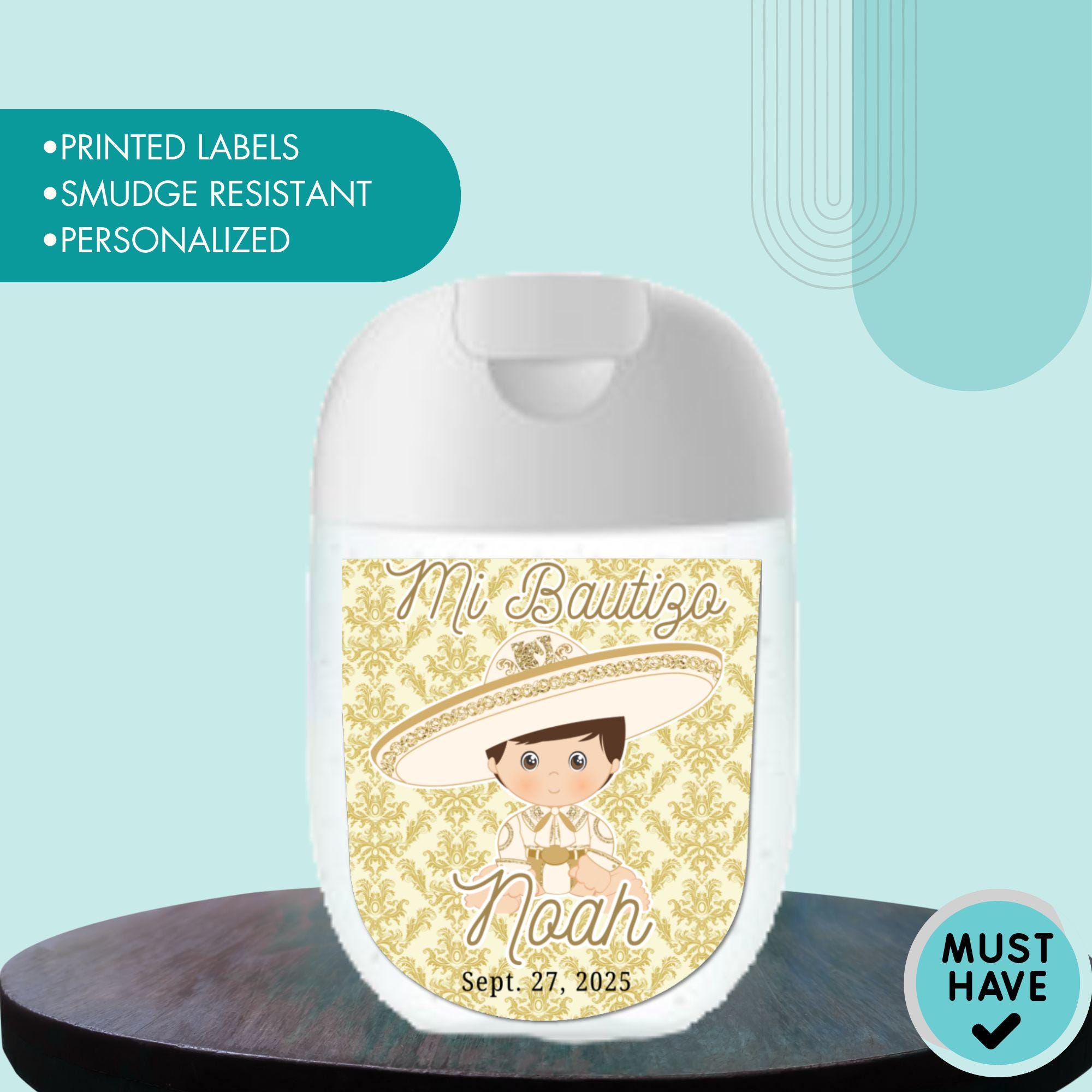 Gouden Charrito-label handdesinfecterend middel | Labels met ontsmettingsmiddel voor Charro Baptism