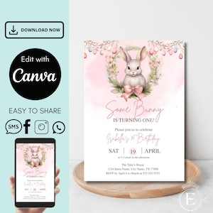 Bunny 1st Birthday Invitation: Editable Canva Template (Digital)