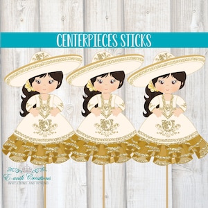 Gold Charra Centerpieces Cutouts, Charra Baptism Decor, Mexican Cutouts, Mariachi Girl Decor, Mexican Baptism
