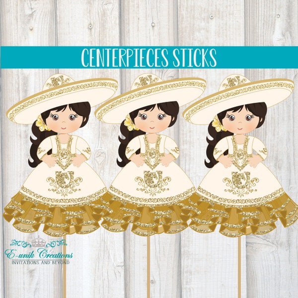 Gold Charra Centerpieces Cutouts, Charra Baptism Decor, Mexican Cutouts, Mariachi Girl Decor, Mexican Baptism