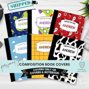 May include: Six composition books with personalised covers featuring various patterns including space, rockets, red paisley, blue clouds, yellow grid, and black and white cow print. Each cover displays the name Andrew in a central white label.