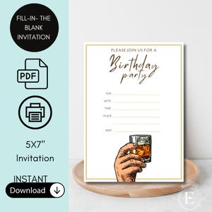 Faire-part à remplir pour anniversaire de whisky | Invitations d'anniversaire vierges | Faire-part d'anniversaire viril | Modèle de téléchargement numérique pour la maison