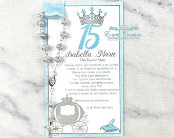 Cinderella Quinceañera Rosary Favors, Personalized Prayer Cards, Set of 12