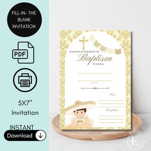 Gold Charrito remplissez le carton d'invitation | Faire-part de baptême blanc Charrito | Modèle de téléchargement numérique pour la maison