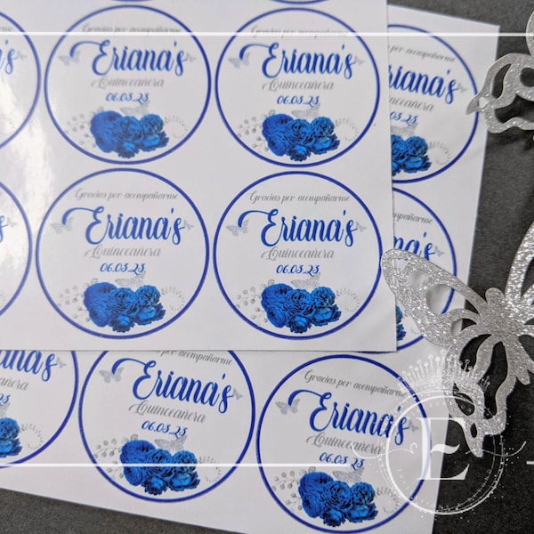 Floral Royal Blue Quinceañera Stickers, Sweet 16 Labels, Envelope Sealers, Stickers For Favors