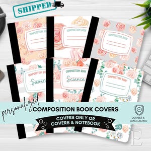 Roses Notebook Composition Book Cover Label, Personalized Floral Design for 9.75" x 7.5" Composition Notebooks