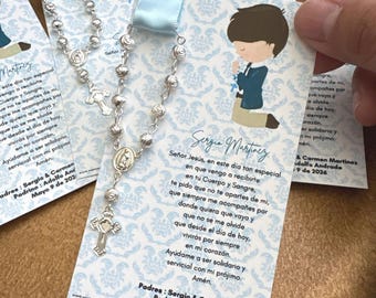 First Communion Rosary Favors: Personalized Prayer Card With Rosary For Boy (12pcs)