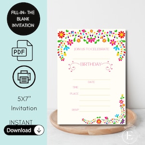 Invitation florale mexicaine d'anniversaire | Invitations d'anniversaire vierges | Faire-part Fiesta Mexicana | Invitation à remplir