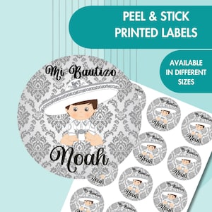 Silver Charrito Printed Stickers | Charro Baptism Labels | Mexican Baptism Party. SC20210413