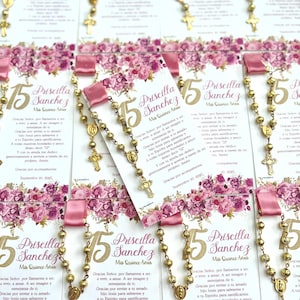 Pink Quinceanera Favors | Roses Prayer Card With Rosary for Quinceanera Favors | Sweet 16 Favors