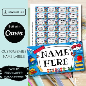 Super Hero School Supply Labels: Editable Canva Template (40 per page)