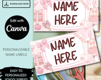 Coquette School Supplies Labels: Pink Bow Stickers (Editable Canva Template)