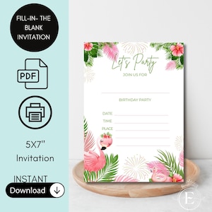 Invitation vierge flamant rose | Faire-part à compléter | carte de fête flamant rose | Invitation imprimable | Modèle de téléchargement numérique pour la maison