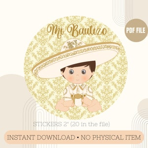 Gold Charro Baptism Stickers: Printable Party Labels (PDF File)