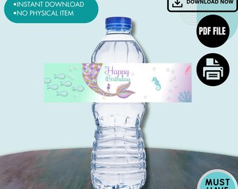 PDF-bestand waterflesetiketten zeemeerminstaart | Onder de zee-feestlabels | Zeemeermin feestartikelen afdrukbaar. MT0625