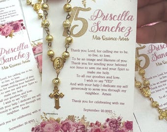 Pink Roses Quinceanera Favors: Prayer Card with Gold Rosary (Set of 12)