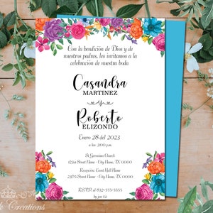 Mexikanische Blumenhochzeitseinladung, Fiesta-Hochzeits-bunte Einladung, Aquarell-Blumen-Gedruckte Einladungen