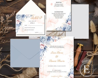 Dusty Blue and Blush Floral Wedding Invitation, Printed Wedding Invitation, Wedding Invite with RSVP Card, Wedding 3pcs Suite Invitation.