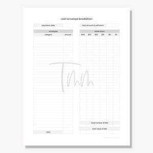May include: A printable cash envelope breakdown budget tracker with categories for envelopes, amount, and a breakdown of bills. The tracker includes a section for paycheck date and total amount to withdraw.