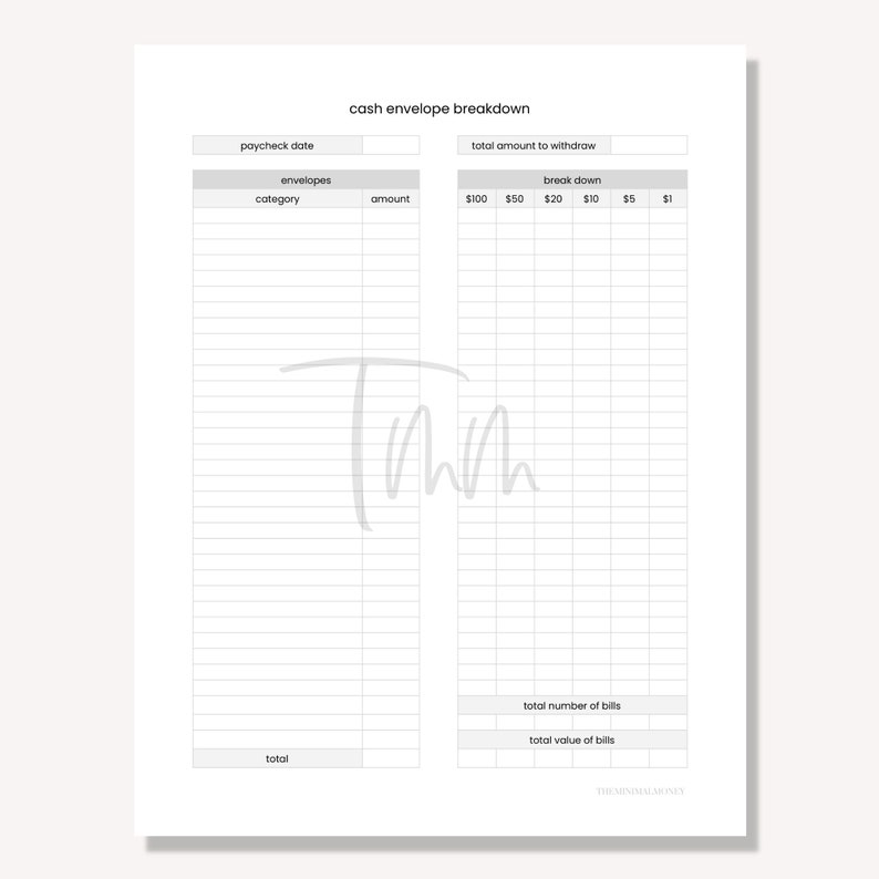 May include: A printable cash envelope breakdown budget tracker with categories for envelopes, amount, and a breakdown of bills. The tracker includes a section for paycheck date and total amount to withdraw.