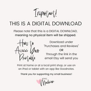 Puede incluir: &iexcl;Importante! Esta es una descarga digital. Tenga en cuenta que esta es una descarga digital, lo que significa que no se enviar&aacute; ning&uacute;n art&iacute;culo f&iacute;sico. C&oacute;mo acceder a su imprimible. Descargue en "Compras y rese&ntilde;as" o a trav&eacute;s del enlace en el correo electr&oacute;nico que Etsy le enviar&aacute;. Imprima en casa o en una tienda de impresi&oacute;n local, o use un iPad o tableta con una aplicaci&oacute;n como Goodnotes. &iexcl;Gracias por apoyar mi peque&ntilde;o negocio! XOXO, Madison