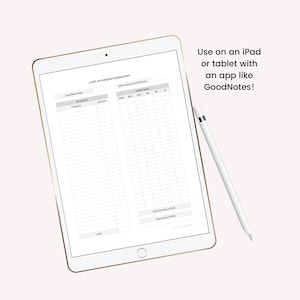 May include: A digital cash envelope breakdown template on a white iPad with a white stylus. The template includes sections for paycheck date, category, envelopes, amount, total amount to withdraw, and breakdown.