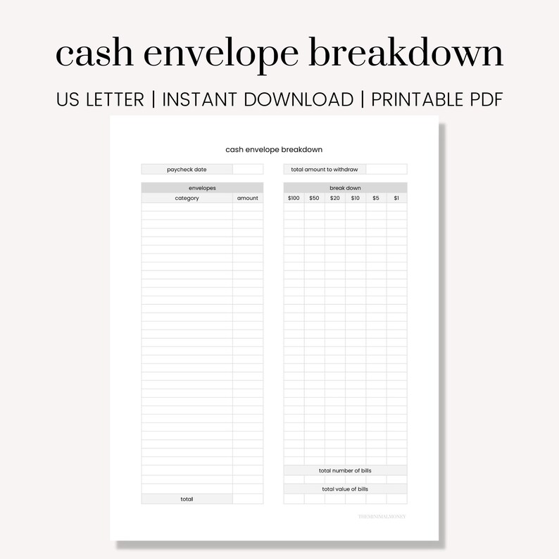 May include: Printable cash envelope breakdown budget tracker with columns for paycheck date, category, amount, and a breakdown of bills by denomination. The tracker includes a total amount to withdraw, total number of bills, and total value of bills.