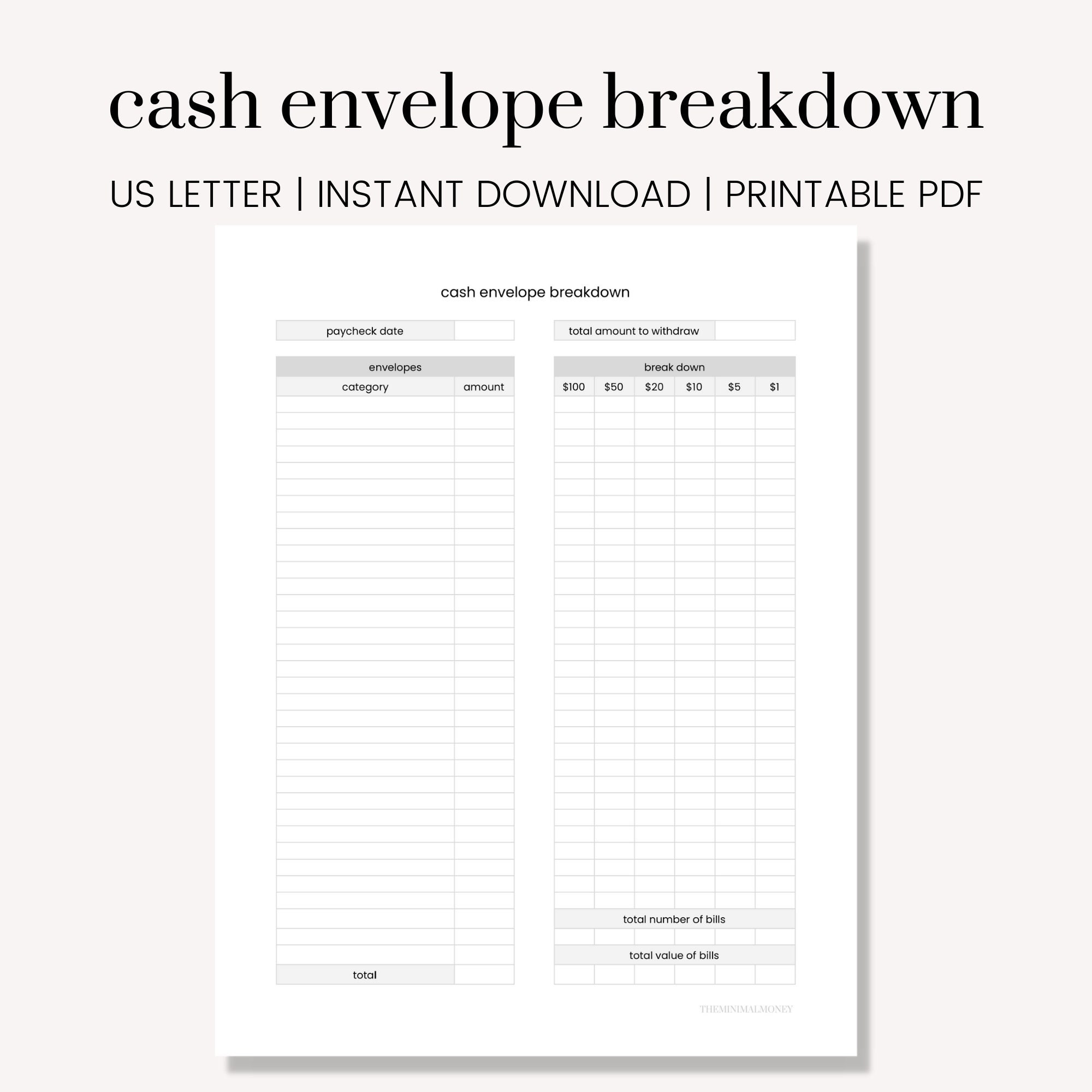 Cash Envelope Breakdown Printable Template Sheet | Etsy