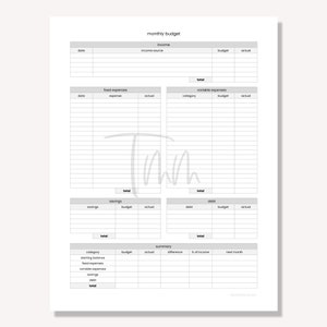 Puede incluir: Un planificador de presupuesto mensual imprimible con secciones para ingresos, gastos fijos, gastos variables, ahorros, deudas y un resumen. El planificador incluye columnas para fecha, categor&iacute;a, presupuesto y real.