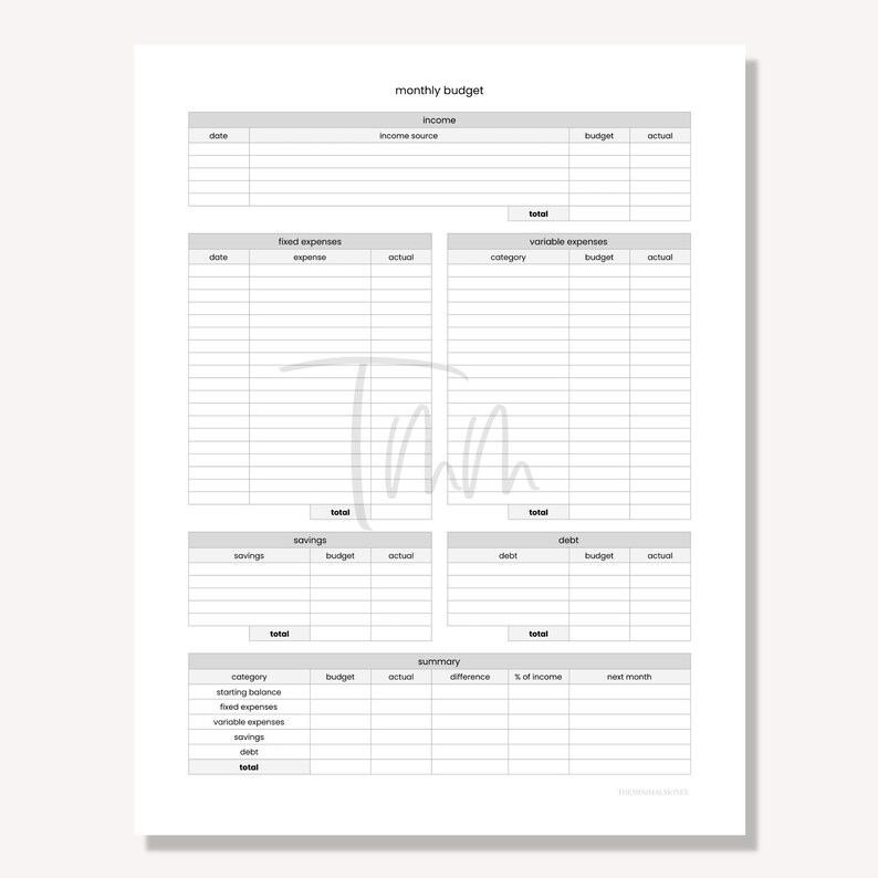 Puede incluir: Un planificador de presupuesto mensual imprimible con secciones para ingresos, gastos fijos, gastos variables, ahorros, deudas y un resumen. El planificador incluye columnas para fecha, categor&iacute;a, presupuesto y real.