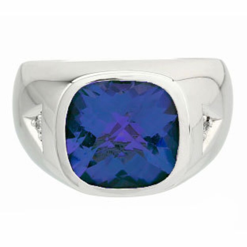 Diamond Antique Cushion Cut Sapphire Mens Ring in White Rose Yellow