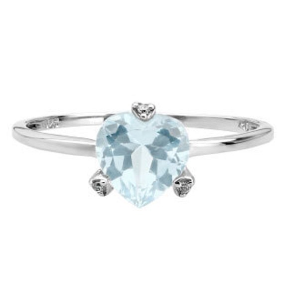 Simple Heart Shaped Aquamarine Gemstone Diamond Ring In White Rose Yellow Black Gold or Silver Blue March Gemstone Ring Birthstone Color