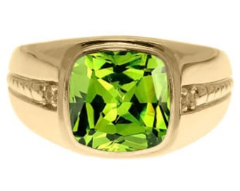 Cushion-Cut Peridot Gemstone Diamond Men's Ring In Gold or Silver, Mens Gemstone Rings, Rings For Men, Mens Gemstone Jewelry, Mens Gold Ring