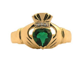 Men's Emerald Diamond Claddagh Ring In White Rose Yellow Black Gold, Mens Claddagh Rings, Men Emerald Gemstone Jewelry, Mens Birthstone Ring