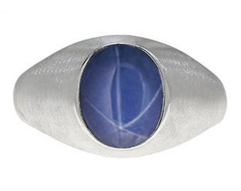 Oval-Cut Blue Star Sapphire Stone Custom Men's Pinky Ring In White Rose Yellow Black Gold or Silver, Unique Mens Star Sapphire Pinky Rings