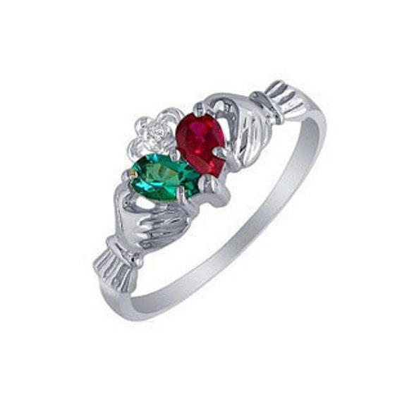 Personalized Diamond Birthstone Claddagh Ring in White Rose Yellow