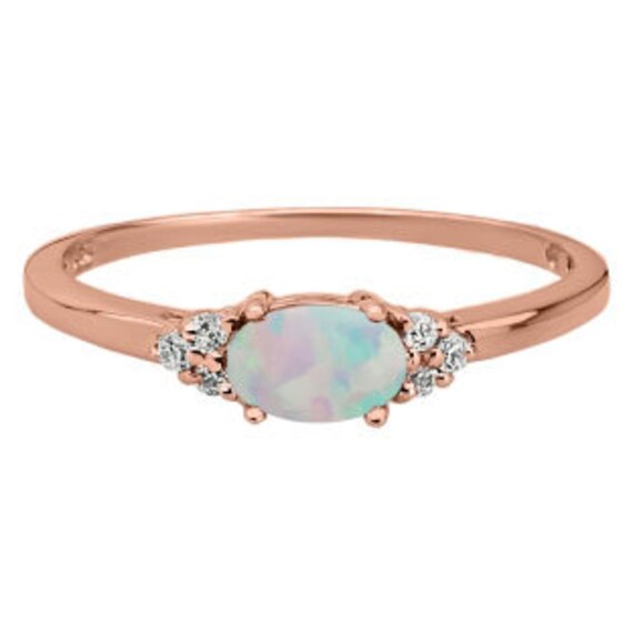 Petite Oval Cut Opal Gemstone Diamond Rose Gold Ring In White | Etsy