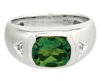 Men's Antique Cushion Cut Green Tourmaline Diamond Sterling Silver Ring