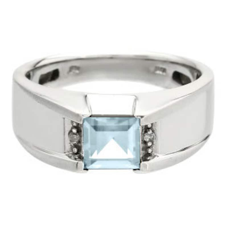 Diamond Square Aquamarine Mens Ring In White Rose Yellow Black Gold or Silver Men's Blue Aquamarine Rings March Birthstone Jewelry Men Rings image 1