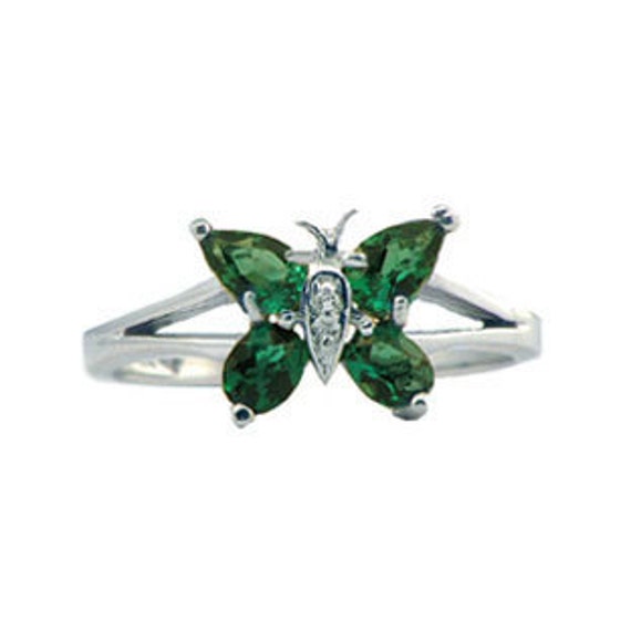 Emerald Diamond Gemstone Butterfly Ring in White Rose Yellow Gold